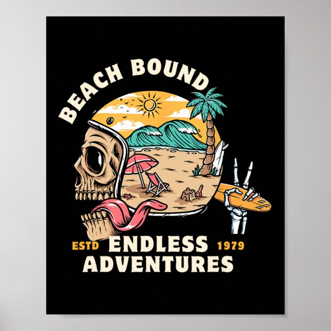 Poster Praia, Capacete de Caveira Amarrada Surfando Esque (Frente)