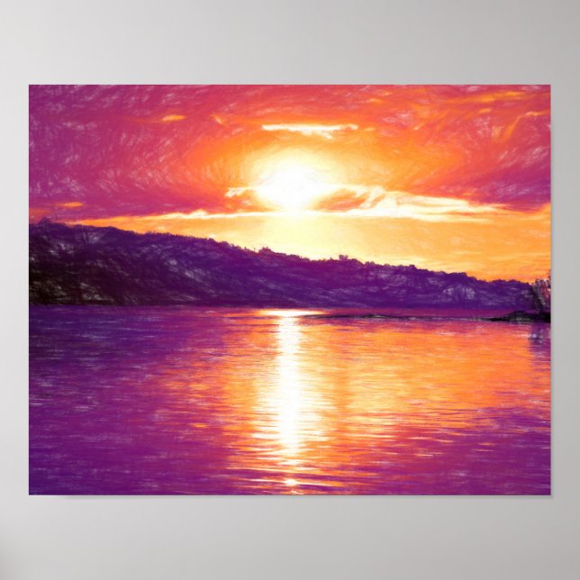 Poster Praia Costeira Sunset Laranja Arte Roxa (Frente)