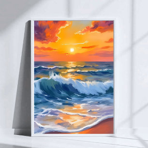 Poster Praia da Hora Dourada Pôr do Sol Costeiro