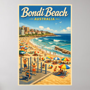 Poster Praia de Bondi Austrália - Cartaz de Viagem Vintag