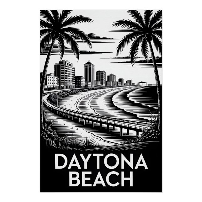 Póster Praia de Daytona Flórida Corte de Madeira Preto e  (Frente)