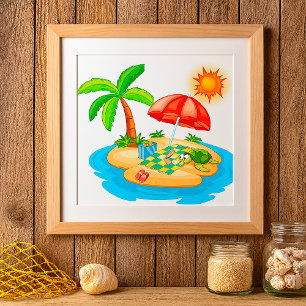 Poster Praia de Ilha Tropical Tartaruga Palmeira Piqueniq