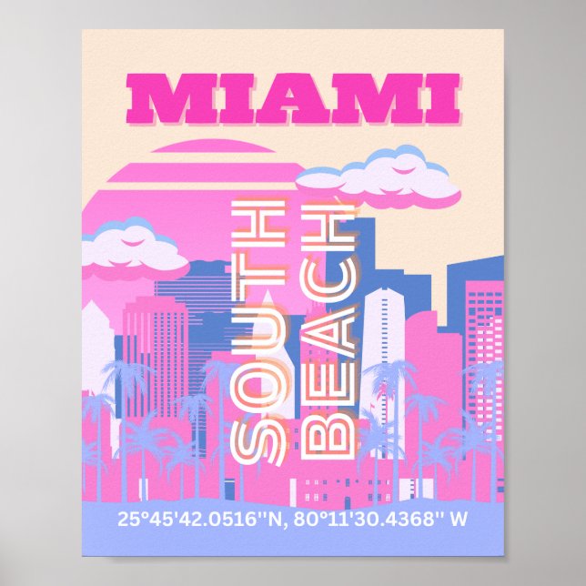 Poster Praia de Miami, Arte de Viagem em Miami, Préppy (Frente)