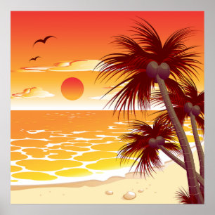 Poster Praia de Palma do Pôr do Sol Tropical na Ilha