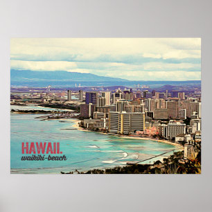 Póster Praia de pintura retro de Havaí Waikiki