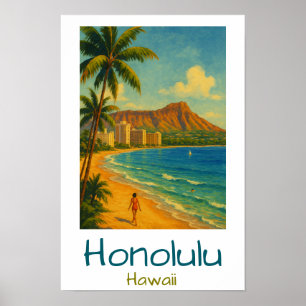 Poster Praia de Retro Honolulu Hawaii Waikiki