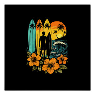 Póster Praia de Surf Retrô Pôr do Sol Tropical
