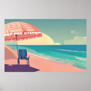Poster Praia de Teal e Pêssego, água azulCadeira e Guarda