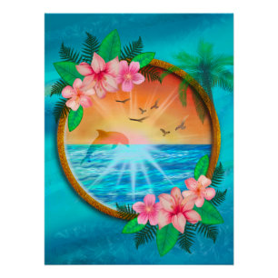 Póster Praia de Verão Oceano pássaros voam no céu e verme