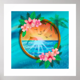 Poster Praia de Verão Oceano pássaros voam no céu e verme