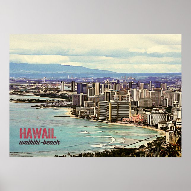 Póster Praia do Havaí Waikiki de Pintura Retroativa (Frente)