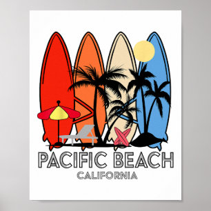 Poster Praia do Pacífico Califórnia Retro Prancha de Surf