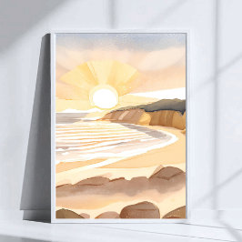 Poster Praia do Pôr do Sol | Aquarela Costeira do Oceano