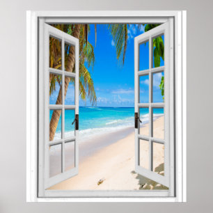 Póster Praia e janela do falso da vista para o mar