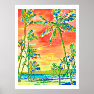 Póster Praia Ensolarada Havaiana/Coral/Azul da PixDezines