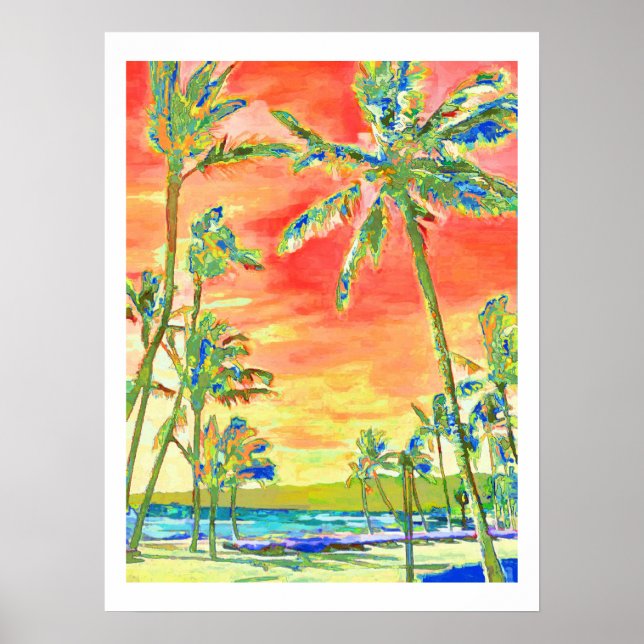 Póster Praia Ensolarada Havaiana/Coral/Azul da PixDezines (Frente)
