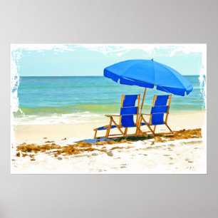 Poster Praia, guarda-chuva e cadeiras na costa