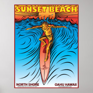 PÓSTER PRAIA HAVAÍ SURFBREAK DO POR DO SOL QUE SURFA
