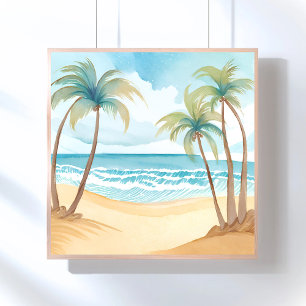 Póster Praia Havaiana   Aquarela Tropical de Palmeira