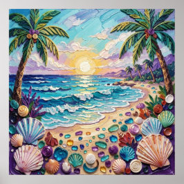 Poster Praia Impasto e Vidro do Mar Pôr do Sol e Nascer d
