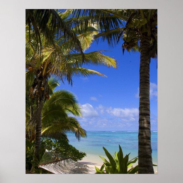 Póster Praia ladeada por palmeiras Ilhas Cook 2 (Frente)