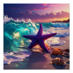 Póster Praia oceânica com estrelas-do-mar violetas