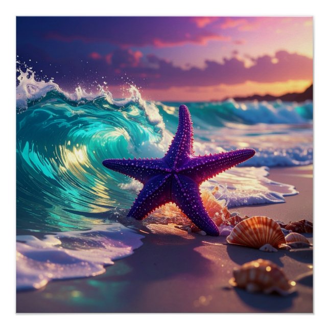 Póster Praia oceânica com estrelas-do-mar violetas (Frente)