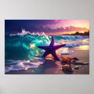 Poster Praia oceânica com estrelas-do-mar violetas