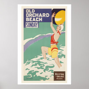 Poster Praia Old Orchard Maine Cartaz de Viagem Antigo