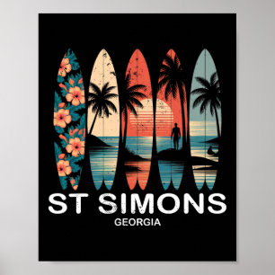 Poster Praia St Simons Geórgia Prancha de Surfe Surf Retr