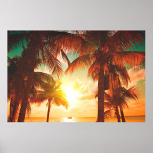 Poster Praia sunset com palmeiras e belas planícies do c