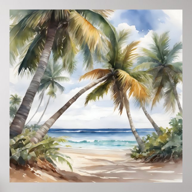 Poster Praia tropical com palmeiras (Frente)
