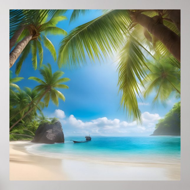 Poster Praia tropical com palmeiras (Frente)