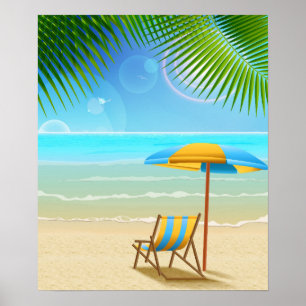 Poster Praia tropical e guarda-chuva