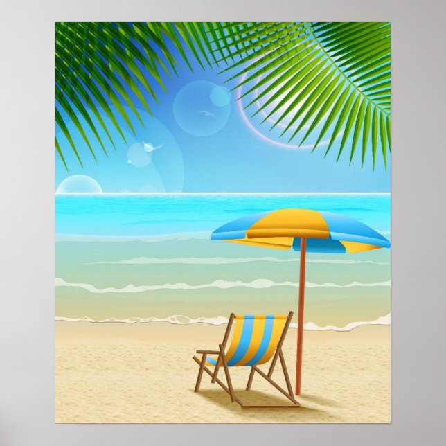 Poster Praia tropical e guarda-chuva (Frente)