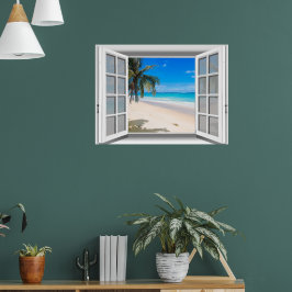 Póster Praia Tropical Vista de Janela Falsa 3D