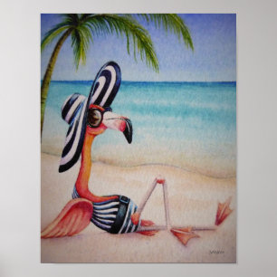Poster Praia Whimsical Babe Flamingo 1 Watercolor 11x14