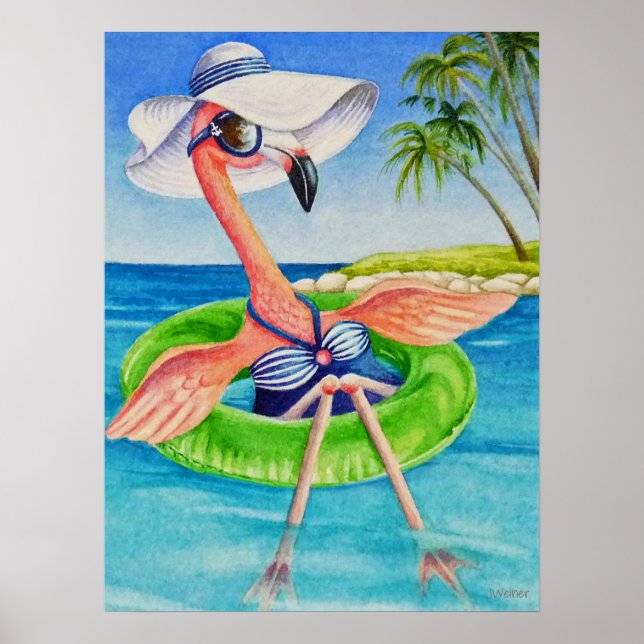 Poster Praia Whimsical Babe Flamingo 3 Watercolor 18x24 (Frente)