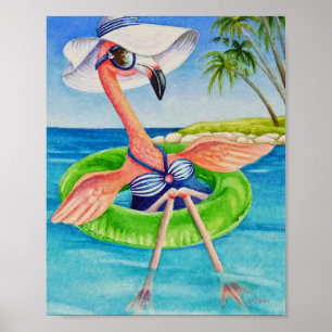 Poster Praia Whimsical Babe Flamingo 3 Watercolor 8x10