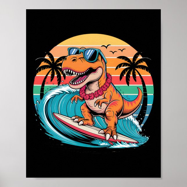 Poster Prancha de Surf de Dinossauro Engraçado Praia Verã (Frente)