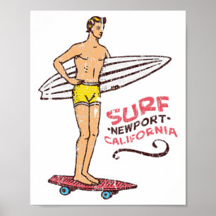 Poster Prancha de Surf Vintage Retro Newport Beach Surf d