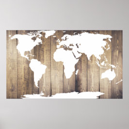 Póster Pranchas de Madeira Rústica Mapa Mundial Branco
