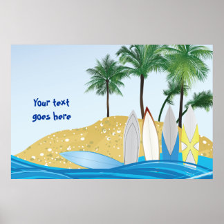 Póster Pranchas em uma praia tropical com palmeiras