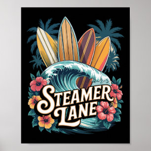 Poster Pranchas Steamer Lane Surf Santa Surfando Gráfico