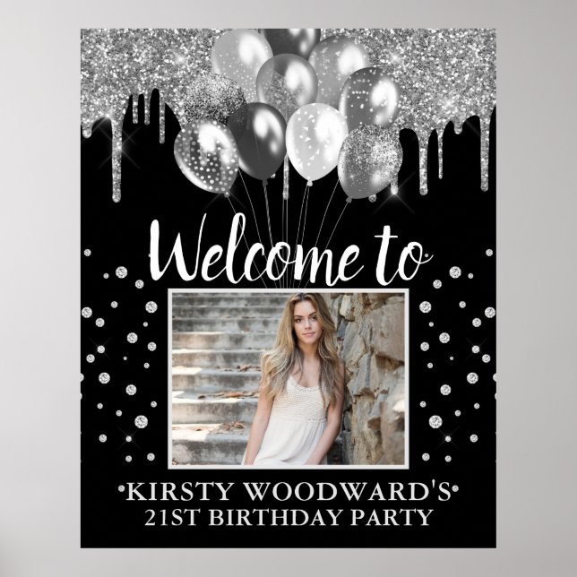 Poster Prata Brilhante com Balões de Aniversário (Frente)