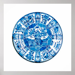 Poster Prata Chinesa Antiga, Flor Azul Vase