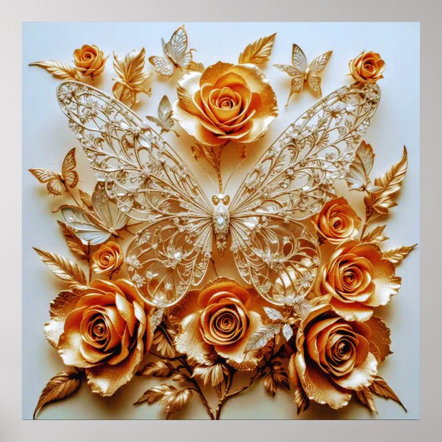 Poster Prata de Arte Decorativa e Dourada - Borboletas #2 (Frente)