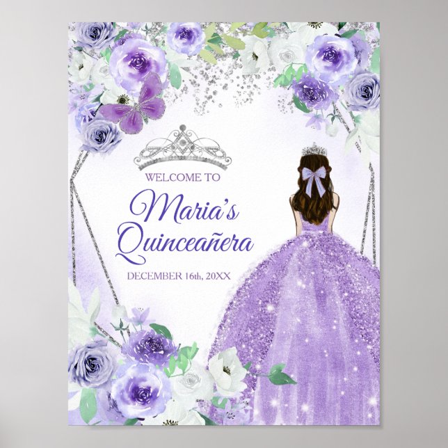 Poster Prata e Vestidos Roxos Quinceañera Coroa Aniversár (Frente)