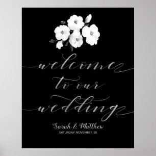Poster Prata Floral Negra Bem-Vindo Ao Nosso Casamento