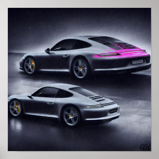 Poster Prata Porsche em uma noite chuvosa